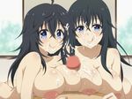  2girls areolae blue_eyes blush breast_press breasts censored cum cum_on_breasts cum_on_hair cum_on_upper_body eyebrows eyebrows_visible_through_hair facial heart-shaped_pupils highres indoors large_breasts looking_at_viewer lying milf miyamaya mosaic_censoring mother_and_daughter multiple_girls netoge_no_yome_wa_onna_no_ko_janai_to_omotta? nipples nude paizuri penis pov smile sweat tamaki_ako tamaki_ako&#039;s_mother tongue 