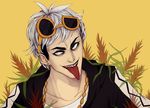  black_hair earrings eyewear_on_head guzma_(pokemon) highres janna jewelry leaf male_focus multicolored_hair necklace pokemon pokemon_(game) pokemon_sm portrait simple_background solo sunglasses team_skull teeth tongue tongue_out two-tone_hair white_hair yellow_background 