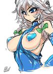  alternate_costume areola_slip areolae bare_shoulders blue_eyes blue_leotard blush bow braid breasts breasts_outside green_bow hair_between_eyes hair_bow izayoi_sakuya large_breasts leotard pasties silver_hair simple_background sketch solo tajima_yuuki touhou twin_braids upper_body white_background 