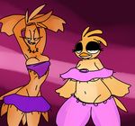  anthro avian bedroom_eyes belly_dancer big_breasts bird breasts chicken clothed clothing duo featureless_crotch female five_nights_at_freddy&#039;s five_nights_at_freddy&#039;s_2 furrification grin half-closed_eyes jewelry looking_at_viewer necklace nude pose scar seductive sharp_teeth sheer_clothing skimpy teeth the_weaver toy_chica_(fnaf) translucent transparent_clothing video_games 