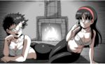  2girls amagi_yukiko ass atlus background black_hair black_lipstick bocodamondo bra breasts delinquent fireplace hair_ornament hairband hairpin leggings lipstick long_hair makeup mayuzumi_yukino multiple_girls persona persona_1 persona_4 short_hair stockings underwear yankee 