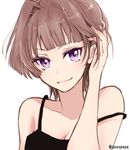  alternate_costume alternate_hair_length alternate_hairstyle bangs blunt_bangs breasts brown_hair cleavage closed_mouth commentary_request contemporary hair_intakes hair_tucking kajii_supana kantai_collection kongou_(kantai_collection) medium_breasts purple_eyes short_hair signature simple_background smile solo spaghetti_strap strap_slip twitter_username upper_body white_background 