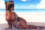  bad_id bad_pixiv_id bare_shoulders beach bherna_(armor) black_hair blue_eyes blue_sky blush breasts cleavage cloud dark_skin day hat large_breasts looking_at_viewer lying monster_hunter monster_hunter_x navel nemu_(nora) off_shoulder on_side outdoors sandals sky solo 