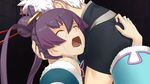  1girl aoto_(ar_tonelico) ar_tonelico ar_tonelico_iii black_shirt closed_eyes crying finnel from_side game_cg hair_bun hand_on_another's_back hand_on_head hug long_hair nagi_ryou official_art open_mouth purple_hair shirt short_hair short_sleeves white_hair 