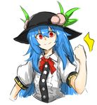  &gt;:) black_hat blue_hair bow bowtie clenched_hand dress_shirt food fruit hat hinanawi_tenshi kan_(aaaaari35) leaf long_hair looking_at_viewer peach puffy_short_sleeves puffy_sleeves red_bow red_eyes red_neckwear shirt short_sleeves sketch smile solo touhou upper_body v-shaped_eyebrows white_background white_shirt 