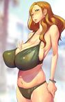  1girl bare_shoulders bikini blush breasts character_request cleavage female huge_breasts kotoyoshi_yumisuke long_hair looking_at_viewer navel red_hair sagging_breasts shiny_skin skindentation solo source_request sweat swimsuit 