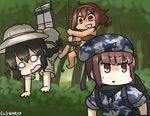  3girls backpack bag beret black_hair braid brown_eyes brown_hair camouflage camouflage_hat commentary crying crying_with_eyes_open dated forest grin hamu_koutarou hat helmet isonami_(kantai_collection) kantai_collection long_hair military military_uniform multiple_girls nature o_o pith_helmet rope sarong scarf shaded_face shiratsuyu_(kantai_collection) short_hair smile streaming_tears sweat tears uniform z3_max_schultz_(kantai_collection) 