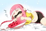  bike_shorts blush closed_eyes domino_mask eromame hair_in_mouth inkling mask navel pink_hair pointy_ears saliva simple_background sleeping solo splatoon_(series) splatoon_1 tentacle_hair tentacles zzz 