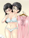  2girls black_hair conjoined dress dressing glasses multi_head multiple_girls multiple_heads underwear 