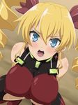  1girl bare_arms bare_shoulders blonde_hair blue_eyes blush bodysuit breasts claire_harvey drill_hair earrings erect_nipples highres hundred large_breasts legs long_hair looking_at_viewer miyamaya open_mouth sleeveless solo squatting sweat thighs twintails 