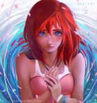  artist_name bad_deviantart_id bad_id bare_shoulders blue_eyes blurry blush closed_mouth depth_of_field dress expressionless hair_between_eyes kairi_(kingdom_hearts) kingdom_hearts long_hair looking_at_viewer numyumy own_hands_together petals pink_dress red_hair sleeveless sleeveless_dress solo upper_body w_arms water watermark web_address wristband 