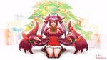  1girl 2015 absurdres christmas claws dated dragon_girl dragon_horns extra_mouth gold_teeth highres jabberwock_(monster_girl_encyclopedia) looking_at_viewer luthernial monster_girl monster_girl_encyclopedia present tongue twintails wings 