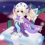  absurdres blonde_hair blue_eyes blush book breath christmas fairy_wings gift hair_ornament hat highres histoire long_hair neptune_(series) open_mouth rian_(clearhisty0101) scarf snow solo wings 