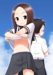  1girl black_eyes black_hair breasts brown_hair crossed_arms haruna_mao karakai_jouzu_no_takagi-san looking_at_viewer midriff navel nishikata no_bra pleated_skirt school_uniform serafuku skirt small_breasts smile takagi-san underboob undressing 