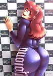  1girl against_wall ass bodysuit curvy from_behind green_eyes huge_ass long_hair looking_at_viewer looking_back open_mouth original pantylines red_hair rybiorock shiny shiny_clothes shiny_hair skin_tight smile solo thick_thighs tongue wide_hips 