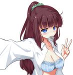  blue_bra blue_eyes blush bra breasts brown_hair cleavage collarbone collared_shirt condom condom_in_mouth dress_shirt hair_ornament hair_scrunchie long_hair looking_at_viewer md5_mismatch medium_breasts mole mole_on_breast mouth_hold new_game! number open_clothes open_shirt outstretched_arms ponytail reaching_out rocha_(aloha_ro_cha) scrunchie self_shot shirt simple_background solo takimoto_hifumi underwear upper_body w white_background wing_collar 