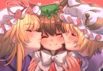  3girls animal_ears blonde_hair blush bow bowtie brown_hair cat_ears cheek_kiss chen commentary_request eyes_closed fingernails hat hat_ribbon heart highres kiss masanaga_(tsukasa) mob_cap multiple_girls pillow_hat red_background red_ribbon ribbon simple_background smile tassel touhou upper_body white_hat white_neckwear yakumo_ran yakumo_yukari 