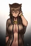  animal_ears arm_up bastet_(houtengeki) bracelet breasts brown_hair cat_ears choker closed_mouth collarbone covered_nipples cross egyptian egyptian_mythology hair_between_eyes hand_in_hair highres houtengeki jewelry large_breasts looking_to_the_side navel no_bra open_clothes open_robe original red_eyes robe see-through short_hair signature simple_background sleeves_past_elbows smug solo stomach upper_body white_background wide_sleeves 