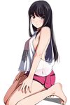  bad_feet bare_arms bare_shoulders barefoot black_hair blush breasts eyebrows eyebrows_visible_through_hair from_side highres long_hair looking_at_viewer looking_to_the_side matsunaga_kouyou medium_breasts original parted_lips pink_shorts shirt shorts sideboob silver_eyes simple_background sitting sleeveless sleeveless_shirt solo toes very_long_hair white_background white_shirt 