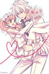  1girl :d :o atelier_(series) atelier_escha_&amp;_logy blush bouquet carrying cowboy_shot elbow_gloves escha_malier flower formal gloves green_eyes grey_eyes hair_flower hair_ornament logix_ficsario mochi_(tukimo) open_mouth pants pink_hair princess_carry short_hair short_twintails skirt smile suit thighhighs twintails twitter_username white white_background white_gloves white_hair white_legwear white_pants white_skirt 