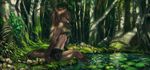  5_fingers anthro black_nose breasts brown_fur brown_hair canine clothed clothing day detailed_background female forest fur grass grey_fur hair looking_at_viewer mammal moss outside partially_submerged pond sitting solo tatchit tree water wolf 