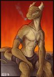  4_fingers abs anthro blue_eyes cigarette clothed clothing digital_media_(artwork) dog_tags horn horn_ring lolzguy male muscular muscular_male reptile scalie simple_background sitting smoking solo topless 