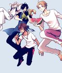  :t ^_^ apron bad_id bad_pixiv_id black_gloves black_hair brown_hair closed_eyes corn dog_tags eating eyepatch food fruit gloves heshikiri_hasebe hoshiko_(shu-kuri-mu) japanese_clothes jumping male_focus multiple_boys ookurikara open_mouth pants popsicle purple_eyes shokudaikiri_mitsutada smile tattoo touken_ranbu track_pants tsurumaru_kuninaga watermelon white_hair yellow_eyes 