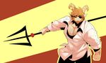  abs anthro asgore_dreemurr blonde_hair body_hair caprine chest_hair clothed clothing eyewear facial_hair fur glasses goat hair horn kokuhane looking_at_viewer male mammal melee_weapon muscular muscular_male open_shirt polearm pose shirt simple_background solo standing trident undertale video_games weapon white_fur 