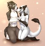  4_toes anthro black_fur black_nose clothed clothing eyes_closed female fur green_eyes grey_fur licking male mammal navel nude open_mouth sergal simple_background smileeeeeee teeth toes tongue tongue_out topless white_fur 