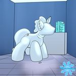  2016 absurd_res anus askfrosty balls bdsm bondage bound butt clothing encasement equine friendship_is_magic frost_bright fur gag hi_res horn living_suit magic male mammal my_little_pony pvc rubber sex_toy suit text unicorn 