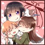  2girls :d :q ^_^ bangs black_hair blunt_bangs brown_hair cheek-to-cheek closed_eyes commentary_request hiromochi_jin kantai_collection kitakami_(kantai_collection) little_boy_admiral_(kantai_collection) long_hair multiple_girls ooi_(kantai_collection) open_mouth purple_eyes school_uniform serafuku short_hair smile tongue tongue_out v-shaped_eyebrows 