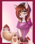  5_fingers anthro brown_eyes brown_hair canine clothing female fluffy fluffy_tail fur gradiewoof hair inner_ear_fluff looking_at_viewer mammal mareena shirt simple_background solo standing tan_fur tongue white_fur wide_hips wolf 