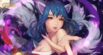  ahri animal_ears artist_name artstation_sample bangs bare_shoulders black_hair braid breasts collarbone copyright_name detached_sleeves facial_mark fang fingernails fingers fox_ears fox_tail hands hayanpool heart highres image_sample korean_clothes large_breasts league_of_legends lips long_fingernails long_hair looking_at_viewer nail_polish open_mouth pink_lips pink_nails ponytail reaching reaching_out sharp_fingernails solo tail upper_body whisker_markings yellow_eyes 