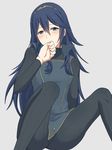 blue_eyes blue_hair blush covering_mouth fire_emblem fire_emblem:_kakusei hand_to_own_mouth long_hair looking_at_viewer lucina mejiro ribbed_legwear ribbed_sweater simple_background solo spread_legs sweater tiara 