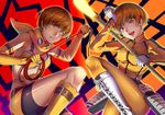  absurdres brown_hair cosplay dual_persona glowing glowing_eyes highres looking_at_viewer multiple_girls pantyhose persona persona_4 polearm satonaka_chie scarf shadow_(persona) shadow_chie short_hair smile spear tomoe_(persona_4) tomoe_(persona_4)_(cosplay) weapon whip yellow_eyes yuuten 