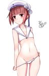  ass_visible_through_thighs bangs bare_shoulders beret bikini bikini_pull blunt_bangs bow character_name closed_mouth clothes_writing collarbone cowboy_shot expressionless flat_chest hand_on_hip hat hat_bow hat_ornament jotarozaku kantai_collection navel pulled_by_self red_eyes red_hair sailor_bikini sailor_collar short_hair signature simple_background solo standing stomach striped striped_bow swimsuit white_background white_bikini white_hat z3_max_schultz_(kantai_collection) 