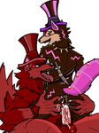  animal_jam anthro aparri balls beard brown_fur cum facial_hair fur hat melee_weapon open_mouth penis pussy red_fur simple_background sword top_hat weapon white_background wisteriamoon 