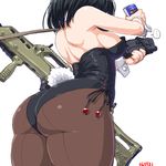  1girl ass assault_rifle back-seamed_legwear bare_shoulders black_hair black_legwear black_leotard bottle breasts bunny_tail bunnysuit cleaning_weapon dd_(ijigendd) from_behind g36 gun holding holding_bottle leotard medium_breasts numbered original over_shoulder pantyhose rifle seamed_legwear short_hair simple_background solo speech_bubble spoken_ellipsis standing strapless strapless_leotard tail weapon white_background 