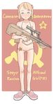  1girl a_kun bikini blank_stare blush child communism earring eyebrows gluteal_fold gun hair_bobbles hair_ornament hammer_and_sickle holding looking_at_viewer micro_bikini original russian shiny shiny_hair shiny_skin soviet_union standing star steyr steyr_aug swimsuit twintails 