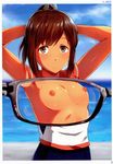  absurdres armpits arms_behind_back arms_up blue_sky blue_swimsuit breasts brown_eyes brown_hair character_name closed_mouth cloud crop_top dark_skin day expressionless eyewear_view highres i-401_(kantai_collection) kanden_suki kantai_collection looking_at_viewer nipples ocean one-piece_swimsuit page_number ponytail pov scan school_swimsuit shirt short_hair sky small_breasts solo sweatdrop swimsuit upper_body water white_shirt x-ray x-ray_glasses x-ray_vision 