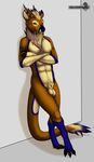  2016 animal_genitalia anthro balls cervine chakat-silverpaws deer dragon fur hi_res horn hybrid male mammal nude sheath simple_background smile soft solo 