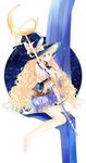  absurdres big_hair blonde_hair bloomers blue_eyes commentary_request crescent doku_kobuko frills hat highres long_hair messy_hair original single_thighhigh sitting smile solo staff thighhighs underwear very_long_hair wavy_hair witch witch_hat 