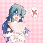  blouse blue_eyes blue_hair capelet checkered checkered_background closed_eyes colored_eyelashes doremy_sweet ko_kita long_hair open_mouth pillow pillow_hug pom_pom_(clothes) sidelocks solo touhou upper_body white_blouse 
