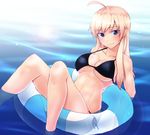  afloat ahoge bikini black_bikini blonde_hair blue_eyes breasts hanna-justina_marseille innertube large_breasts liar_lawyer long_hair looking_at_viewer partially_submerged side-tie_bikini smile solo strap_gap strike_witches swimsuit underboob water world_witches_series 