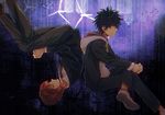  back-to-back black_hair blazer brown_hair gakuran hands_clasped hood hooded_jacket hoodie jacket kamijou_touma kamisato_kakeru multiple_boys necktie own_hands_together school_uniform shoes spiked_hair to_aru_majutsu_no_index to_aru_majutsu_no_index:_new_testament wind_turbine windmill yucca_(sui_linx) 