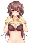  blush bra breasts brown_eyes brown_hair cleavage closed_mouth collarbone eyebrows_visible_through_hair face frown highres large_breasts long_hair looking_at_viewer mizushina_minato navel original shirt_lift simple_background solo two_side_up underwear upper_body white_background 