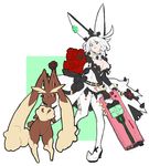  1girl ahoge alternate_costume alternate_hair_color animal_ears aqua_eyes belt black_eyes blue_eyes bouquet breasts bunny_ears bunny_tail cleavage crossover dress elphelt_valentine female fingerless_gloves four-leaf_clover full_body fur_trim guilty_gear guilty_gear_xrd gun hairband hat holding_weapon large_breasts lopunny makai open_mouth pink_sclera pokemon pokemon_(creature) rose short_hair shotgun spiked_collar spikes thigh_boots white_hair white_legwear 