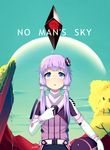  ahoge aqua_sky artist_name blueberry_(5959) cloud copyright_name day gloves hair_ornament headwear_removed helmet helmet_removed moon no_man's_sky parody plant purple_eyes purple_hair rock science_fiction short_hair_with_long_locks sidelocks sky solo spacesuit tree vocaloid voiceroid white_gloves yuzuki_yukari 