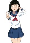  ;o bangs black_eyes black_hair blue_skirt constricted_pupils eyelashes hand_on_own_head highres index_finger_raised kurata_tome long_sleeves miniskirt mob_psycho_100 official_style one_eye_closed open_mouth pleated_skirt pointing school_uniform serafuku short_hair simple_background skirt solo supure_(kitten) sweat v-shaped_eyebrows 