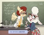  2016 anthro artbirchly_(artist) caprine clothing dawn_bellwether desk dialogue disney duo english_text eyewear female glasses green_eyes humor invalid_tag lab_coat laboratory_equipment mammal sheep skirt suspicious text zootopia 